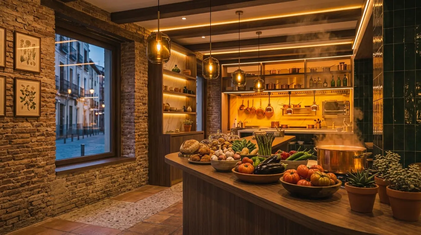 La cocina abierta con la verdura del mercado sobre la barra