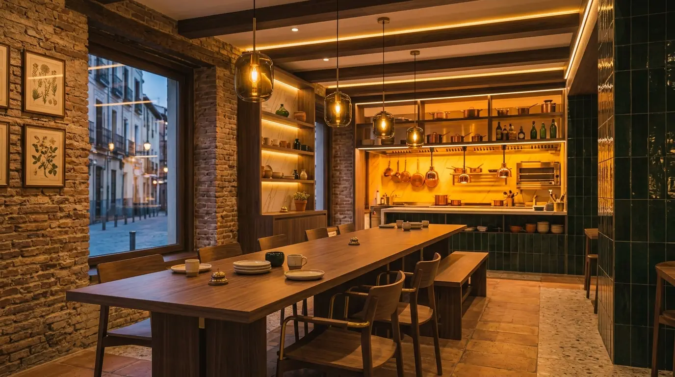 Comedor de Casa Olmo con una mesa larga de madera y la cocina abierta al fondo