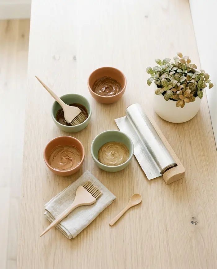Cuencos de tinte, pinceles y papel de aluminio sobre una mesa de madera