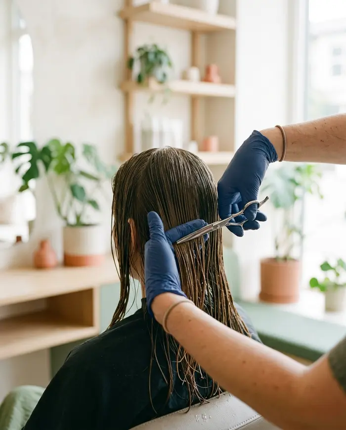 Una peluquera corta el pelo mojado de una clienta