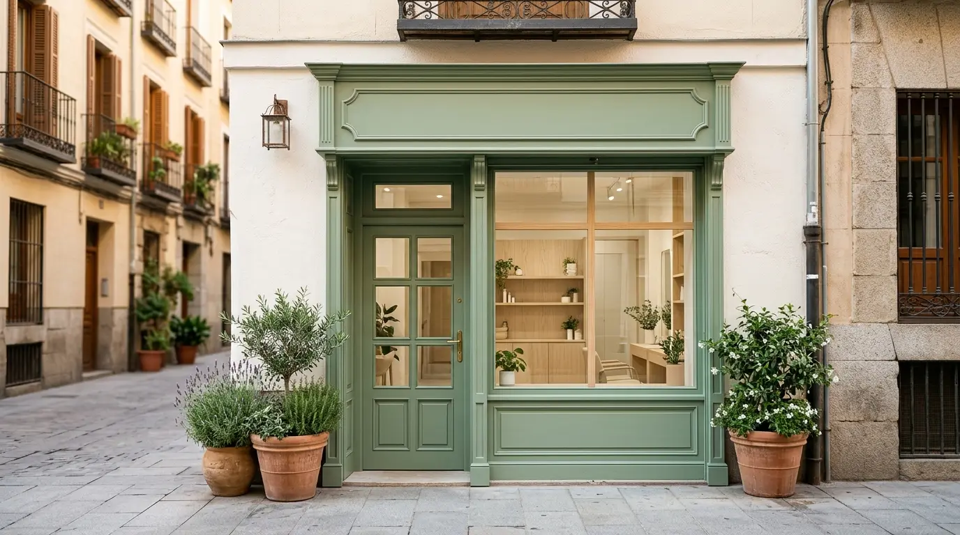 La fachada verde de Lúa en una calle de Malasaña