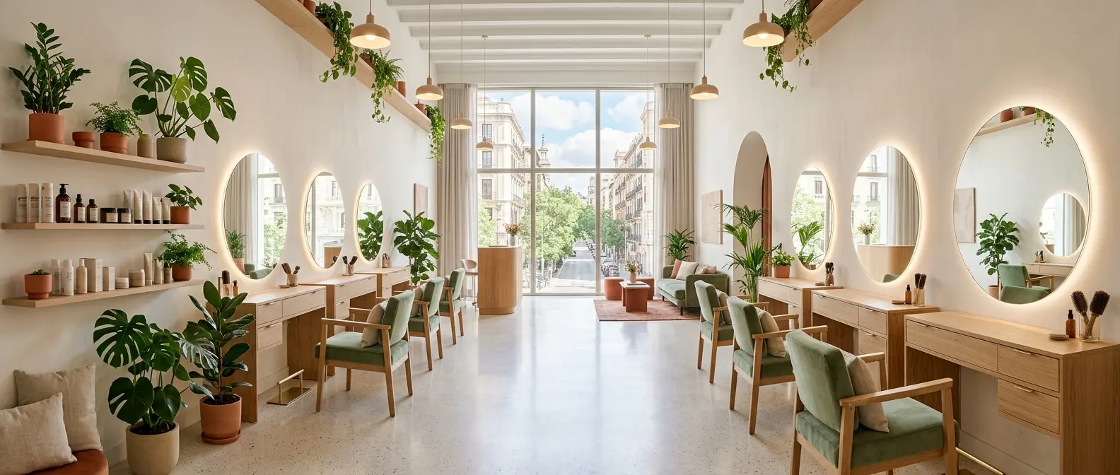 El salón de Lúa, con tocadores de madera clara, espejos redondos y plantas
