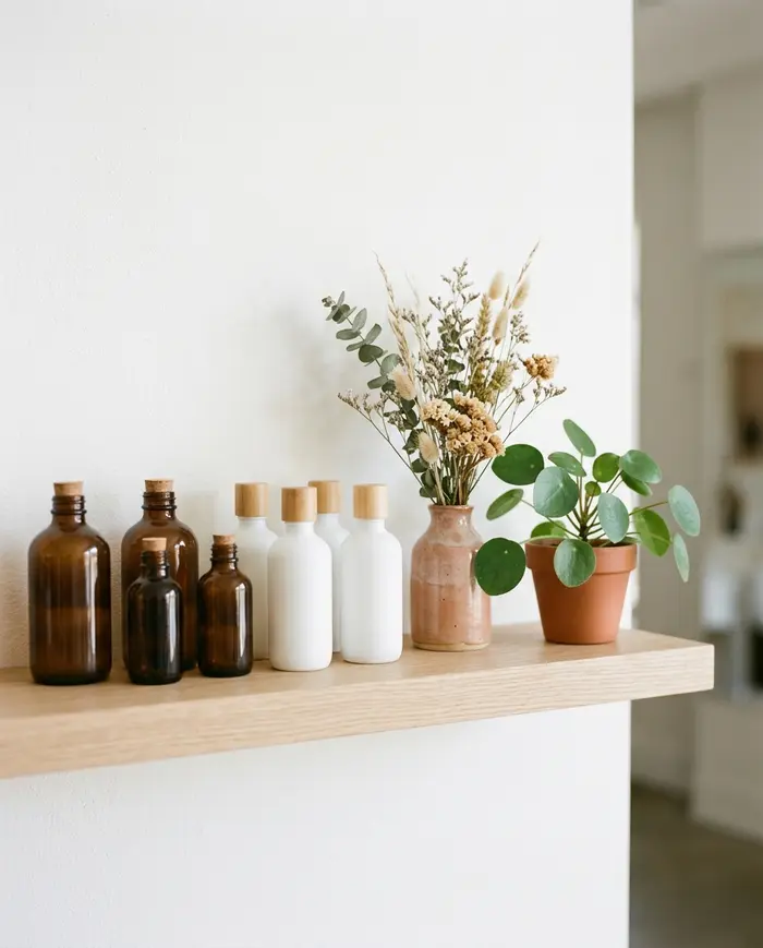 Estante con botes de cuidado del pelo y flores secas