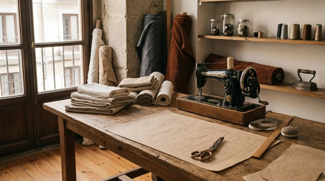 El taller con una máquina de coser, rollos de lino y patrones sobre una mesa de madera