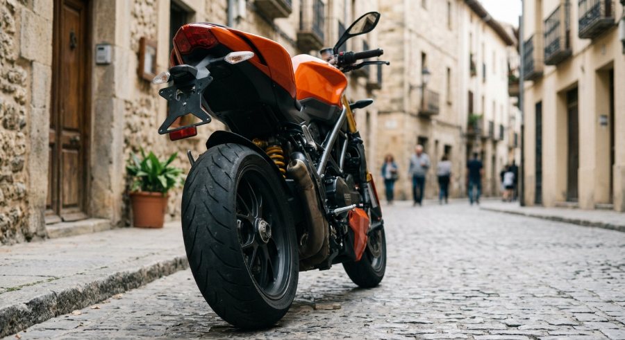 Rueda trasera y escapes de una moto deportiva